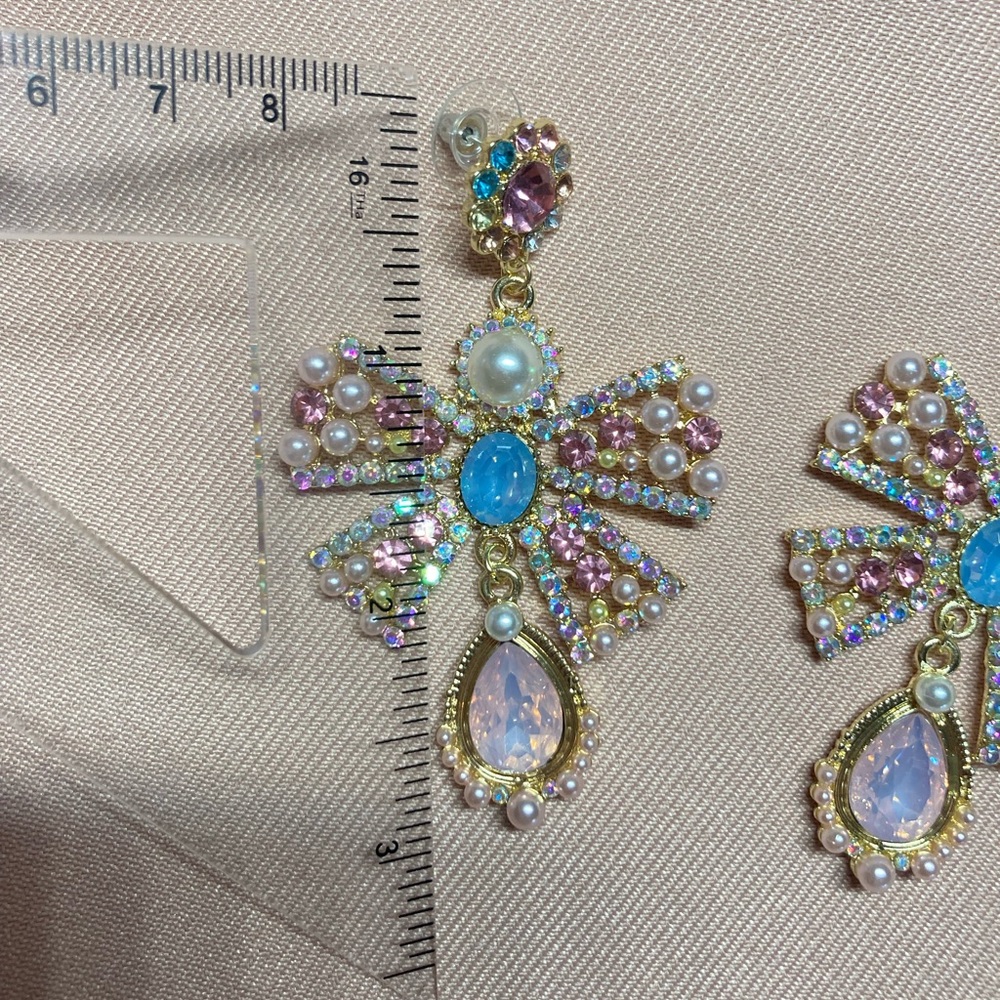🌟 Pink Rhinestone Bowknot Big Drop Earrings - Picture 12 of 12